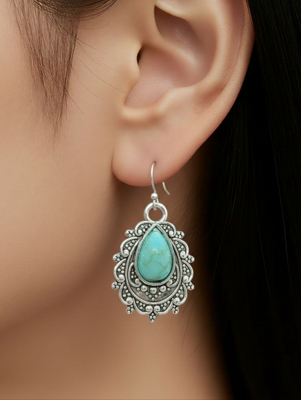 Turquoise Teardrop Filigree Earrings Western Boho Silver Dangle Boutique NWT